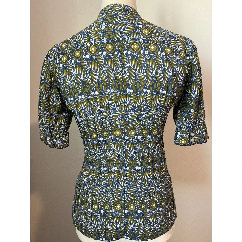 Banana Republic Blue Multi Floral Ruffled Neckline ‎ Pin-tucked Shirt XS